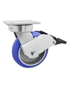 Rueda giratoria de montaje con brida de 6" HD, giratoria con freno, rueda de polímero azul, capacidad de 1500 lb